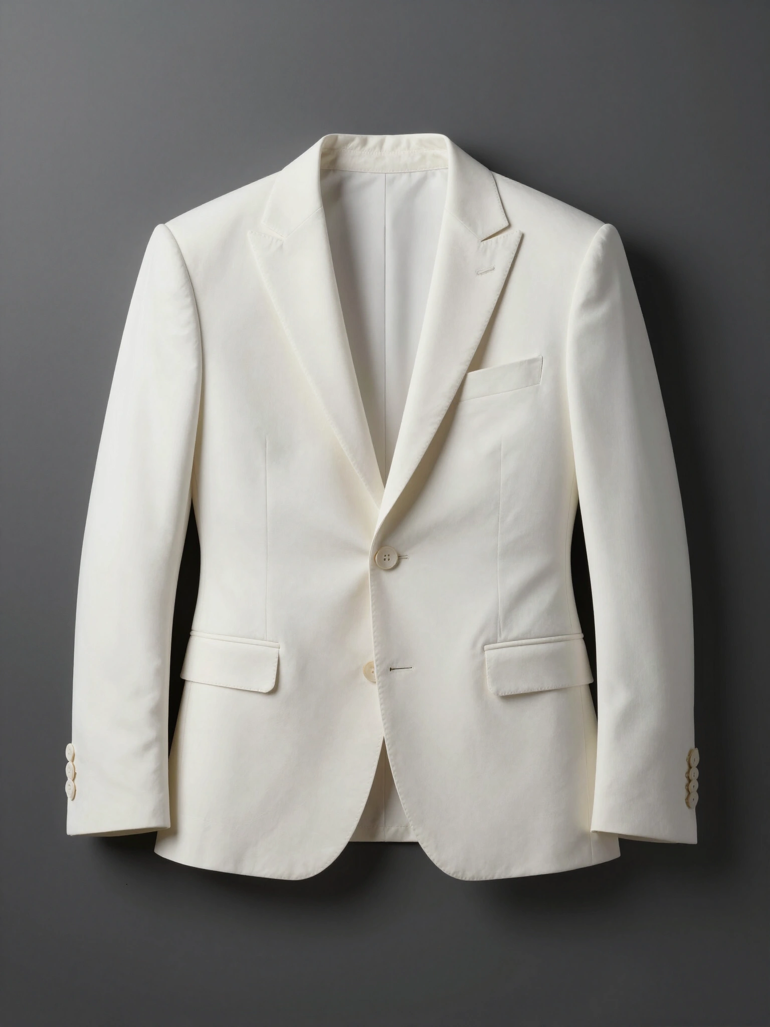 White tailored blazer with peak lapel and two front pockets, displayed on a mannequin or flat surface against a dark gray background.