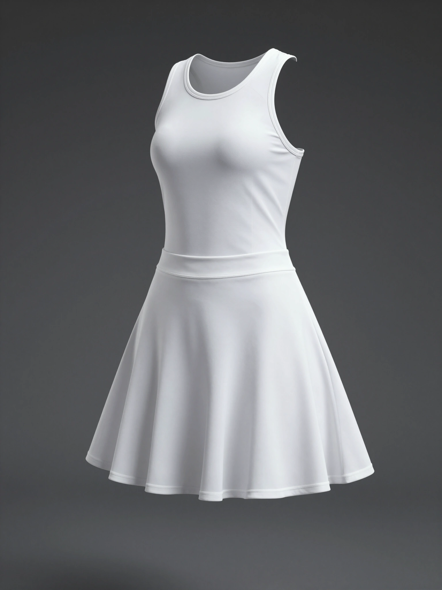 White sleeveless tennis dress with flared skirt on dark grey gradient background
