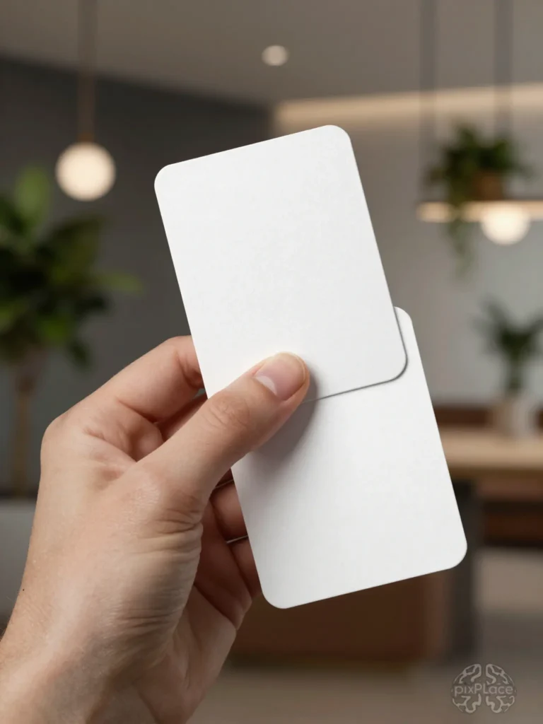 A hand holding a blank white business card with a textured finish, set against a blurred background of a modern space with hanging lights and plants.