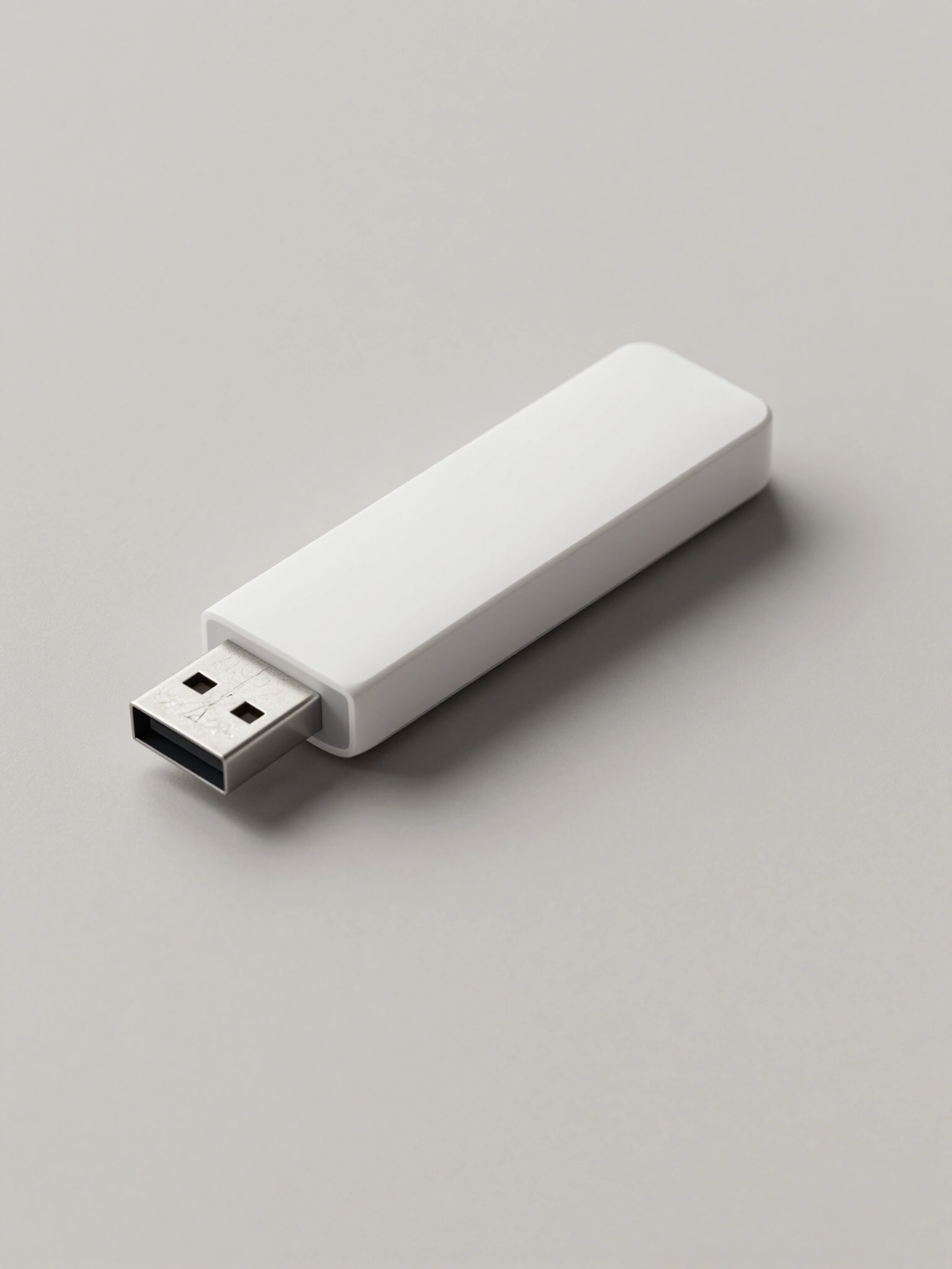 A white USB flash drive with a cap, positioned at an angle on a light gray background, with subtle shadows and detailed textures.