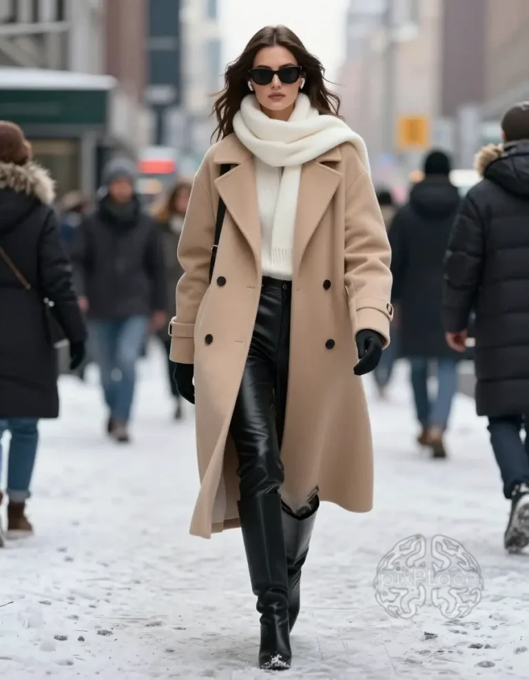 Woman in beige coat and black leather pants walking down a snowy city street, wearing sunglasses and earbuds, with blurred cityscape and people in the background.