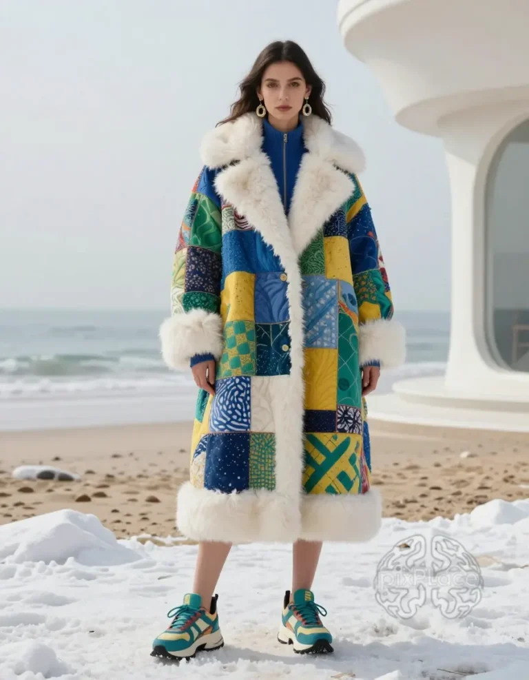 Woman wearing a colorful, oversized patchwork coat with white faux fur trim, standing on a snowy beach with a misty landscape in the background.