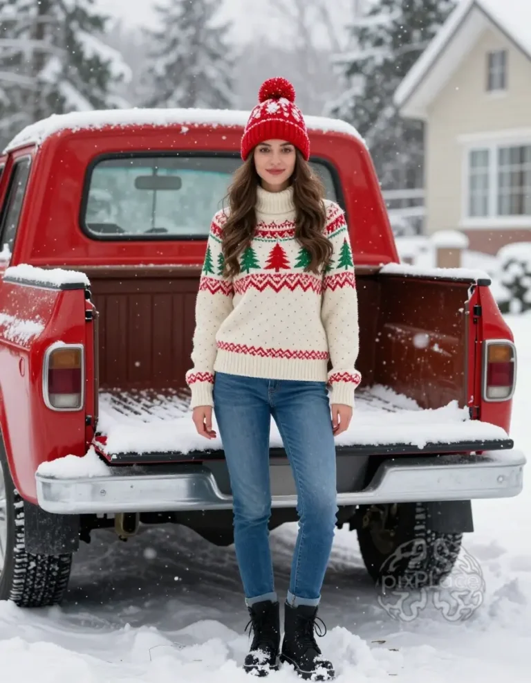 A young woman in a festive sweater and red hat stands in front of a snow-covered red truck.