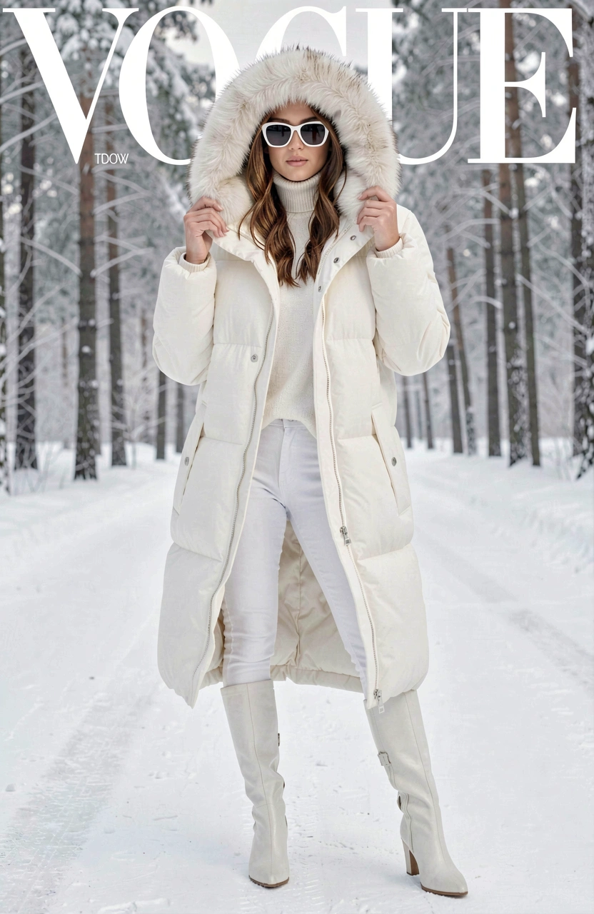 Woman in all-white winter outfit standing on a snowy road