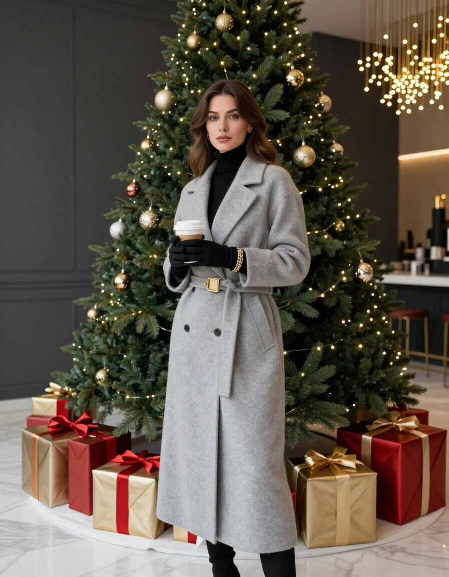 Woman in gray coat holding coffee cup in front of Christmas tree and presents.