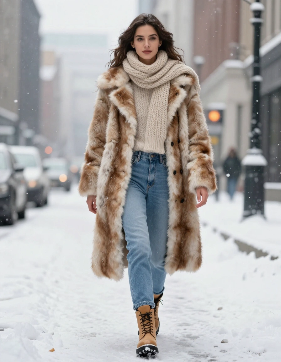 Woman wearing a brown and white fur coat, beige scarf, and tan combat boots walking in the snow.