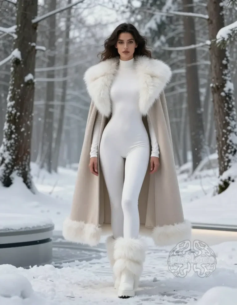 Woman in white bodysuit and fur-trimmed beige coat and boots standing in a snowy forest