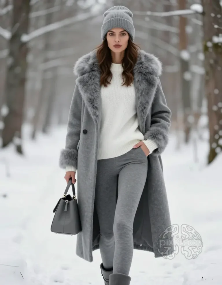 Woman in gray fur coat and matching beanie, standing in a snowy forest with a gray purse.