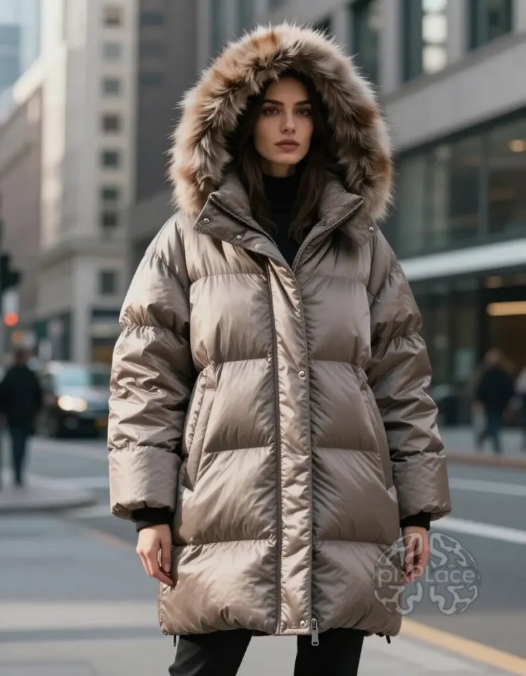 Four women showcasing different winter outfits, each featuring a statement puffer coat in various colors and styles, set against urban backdrops.