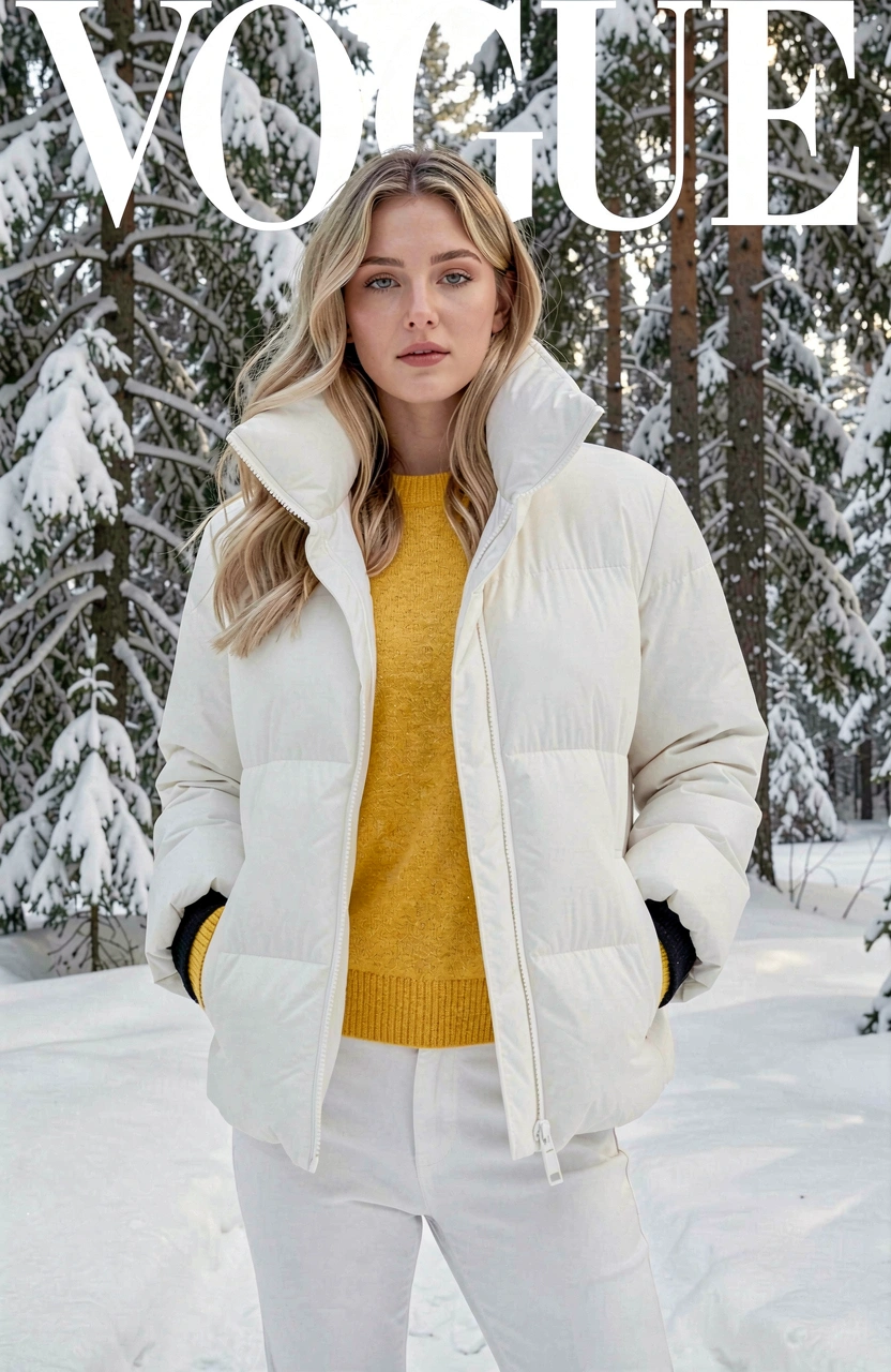 A young woman in a white puffer jacket and pants stands in a snowy forest, wearing a yellow sweater underneath.