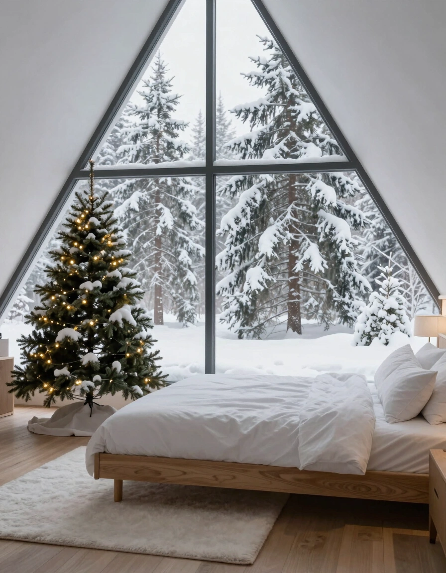 A peaceful winter bedroom scene with a large window, a wooden bed, and a decorated Christmas tree.