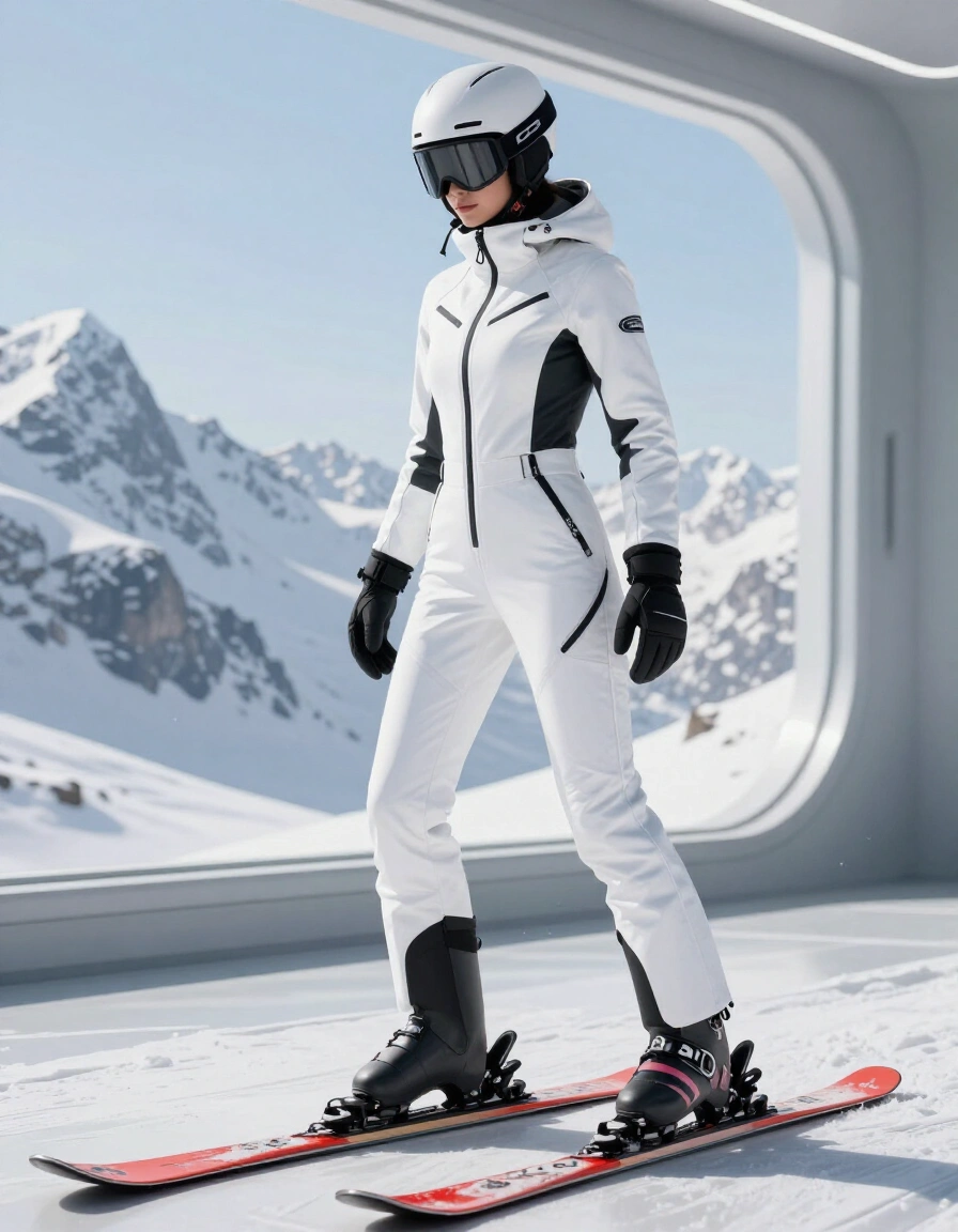 Woman in white ski jumpsuit standing on red skis in snowy mountains