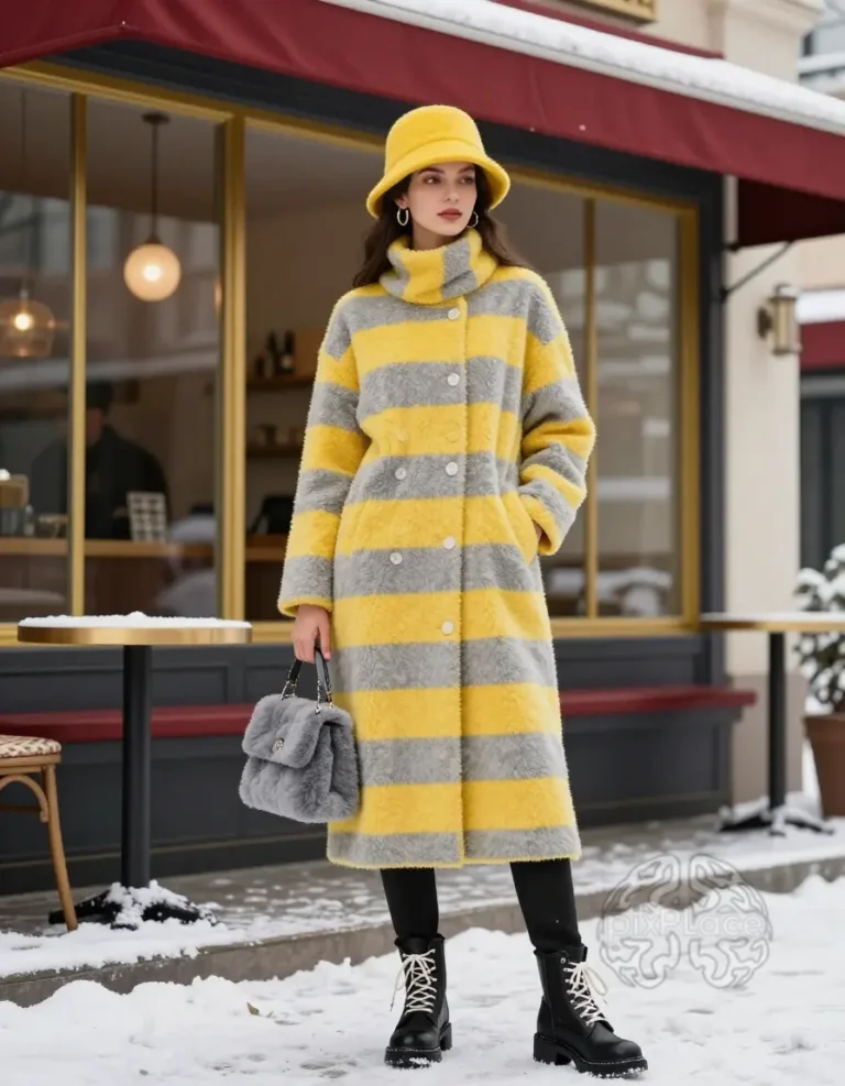 Woman in yellow and gray striped coat and hat standing outside a cafe on a snowy day