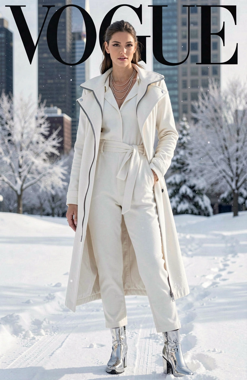 A woman in an all-white winter outfit stands confidently in a snowy city street, wearing a long coat, jumpsuit, and metallic boots, accessorized with layered necklaces and a belt.