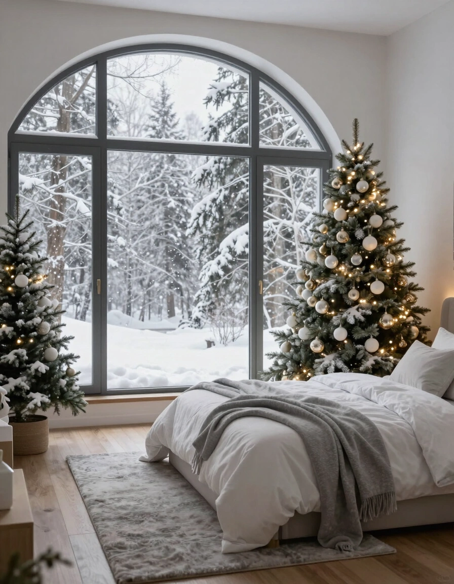 A peaceful winter bedroom with a large window, decorated Christmas tree, and comfortable bed, surrounded by a snowy forest view.