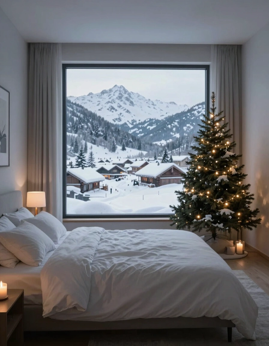 A serene winter bedroom with a large window, minimalist bed, and small Christmas tree, creating a cozy and peaceful atmosphere.