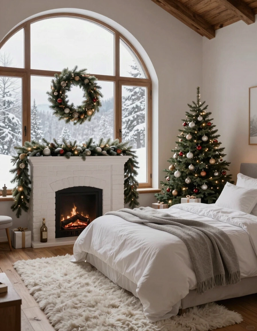 A serene winter bedroom scene with a decorated fireplace and Christmas tree.