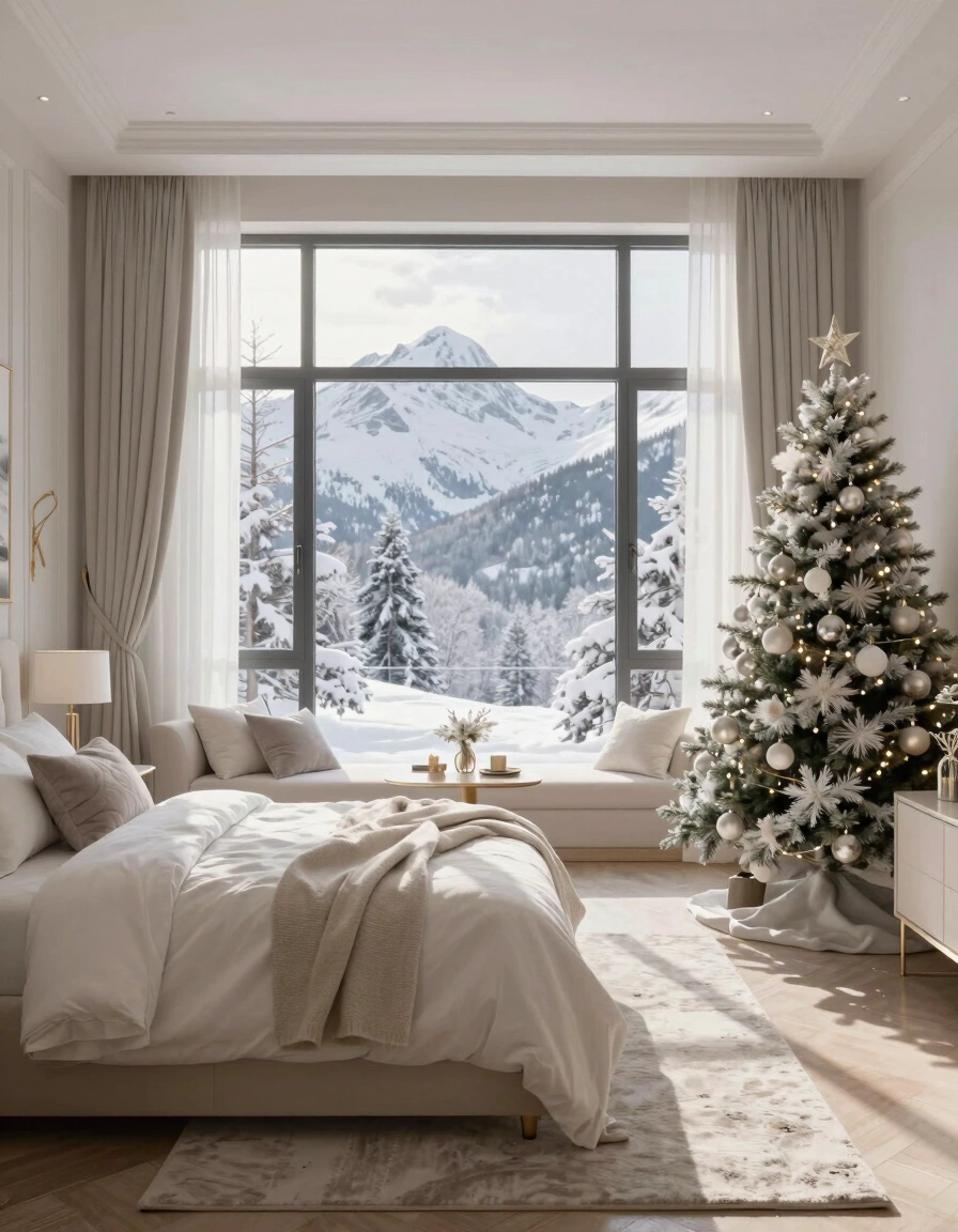 A luxurious bedroom with a large window showing snowy mountains, a decorated Christmas tree, and a plush white bed.