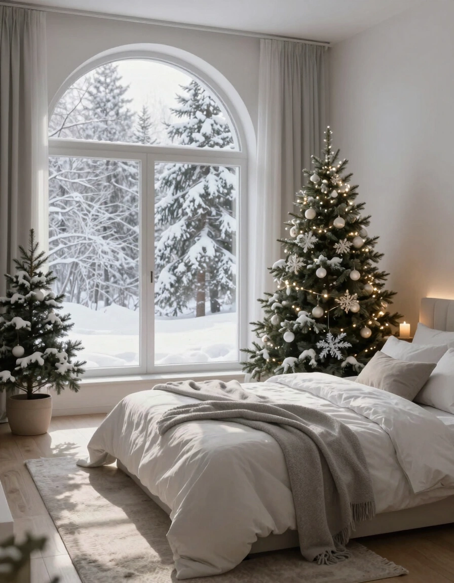 A peaceful bedroom scene with a snow-covered forest view, Christmas tree, and warm candlelight.