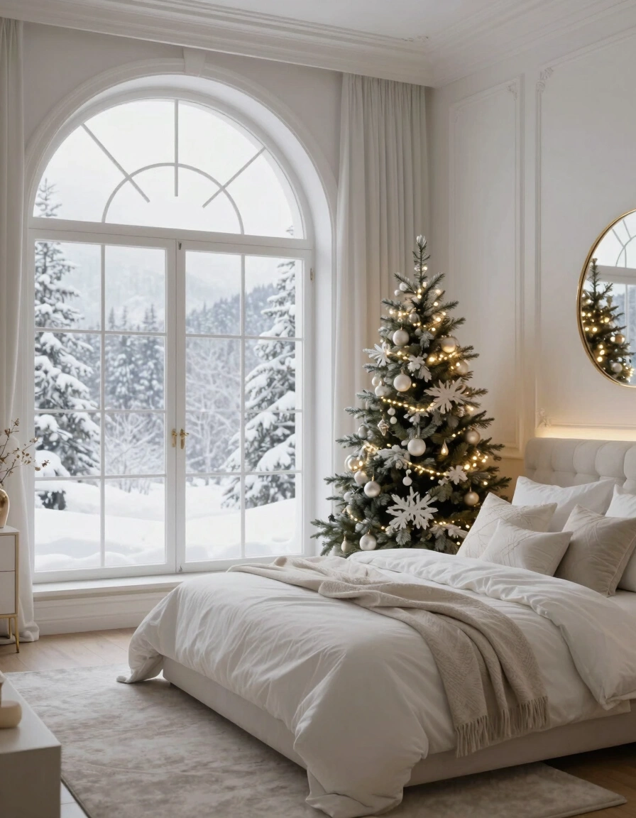 A peaceful white bedroom with a large arched window showing snow-covered trees outside, a small decorated Christmas tree near the bed, and a round mirror above the headboard, creating a cozy winter atmosphere.