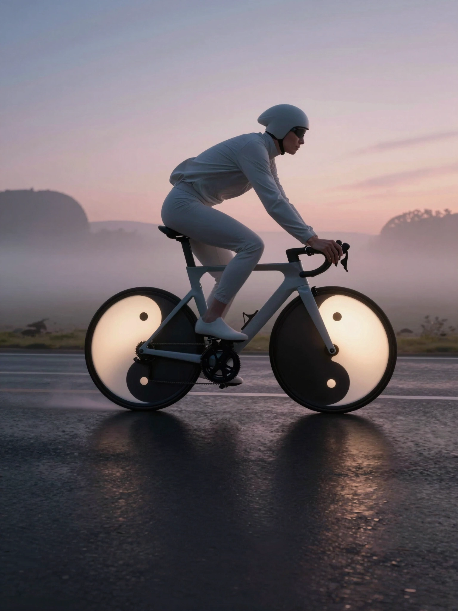 A cyclist riding a bicycle with yin-yang symbol wheels on a misty road at dawn or dusk