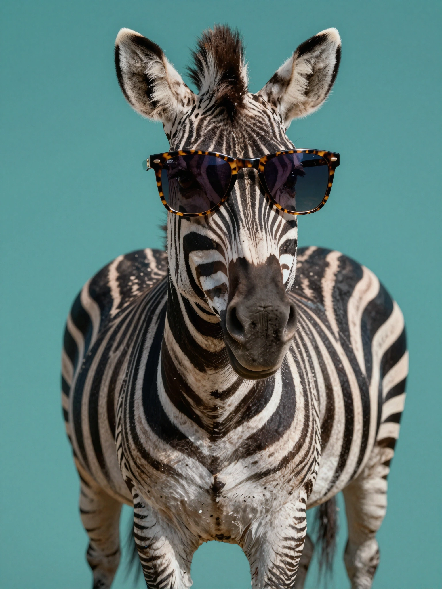 A zebra wearing sunglasses on a teal background
