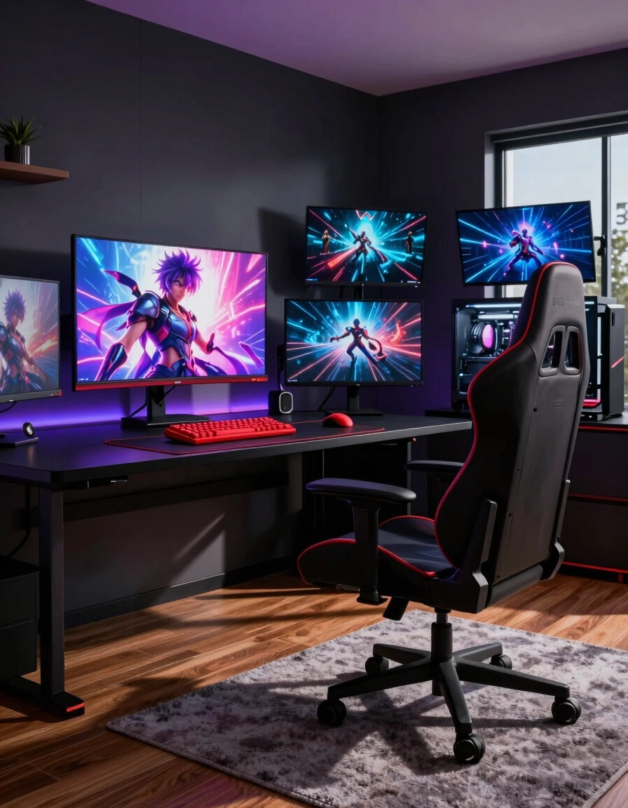 A modern gaming room with a large anime display screen, black gaming desk, red keyboards, and a high-end gaming chair on a wooden floor with a gray rug.
