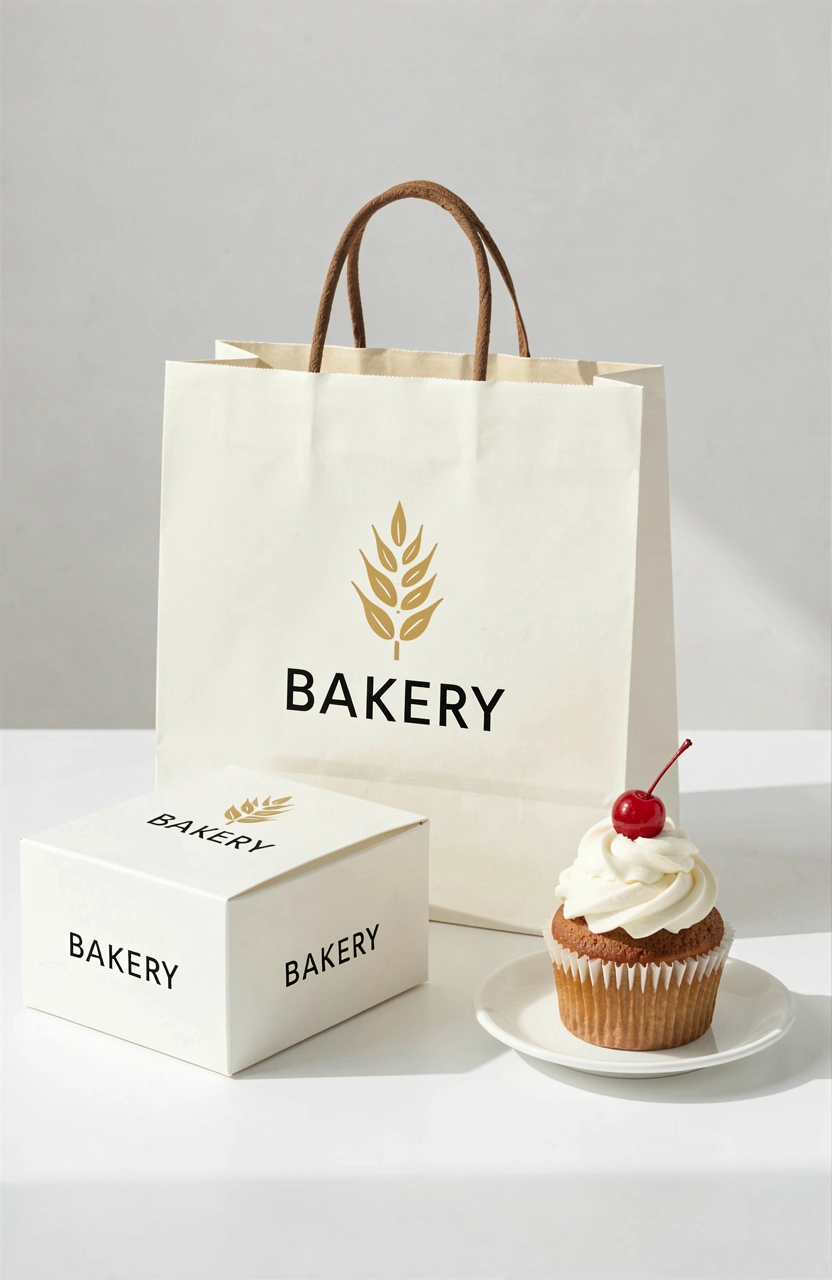 Bakery product packaging mockup with white paper bag, two white boxes, and a cupcake on a white plate.