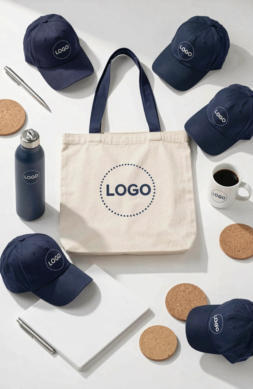 Branded merchandise collection featuring tote bag, baseball caps, water bottle, coffee mug, notebook, and pen on a white surface.