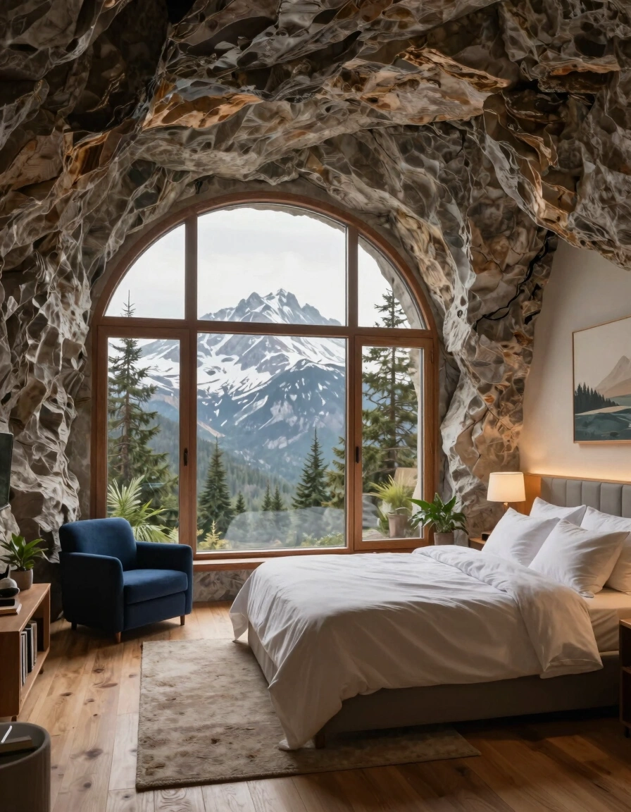A cozy bedroom carved into a rocky cave, with a large window showing snowy mountains and trees.