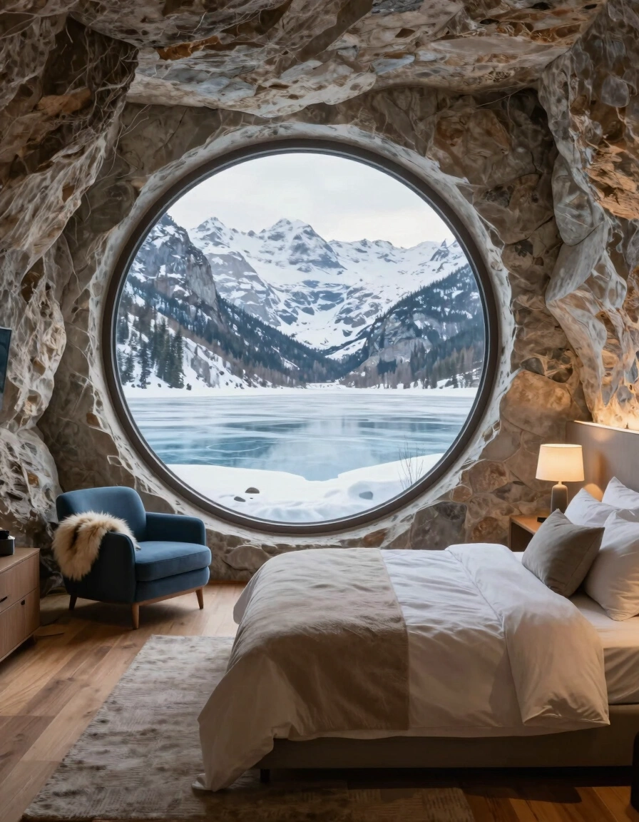 Luxurious cave bedroom with circular window, plush bed, and blue armchair, surrounded by natural stone walls and hardwood floors.