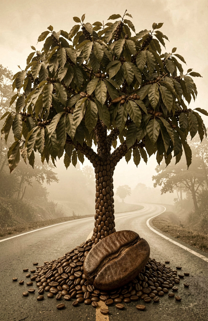A surreal and dreamlike image of a coffee bean tree on a winding road