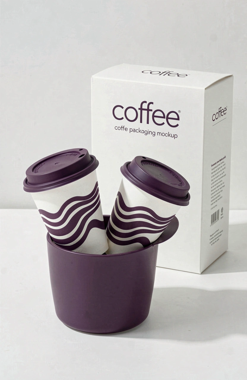 Coffee packaging mockup with two purple and white coffee cups and a matching cup holder and box.