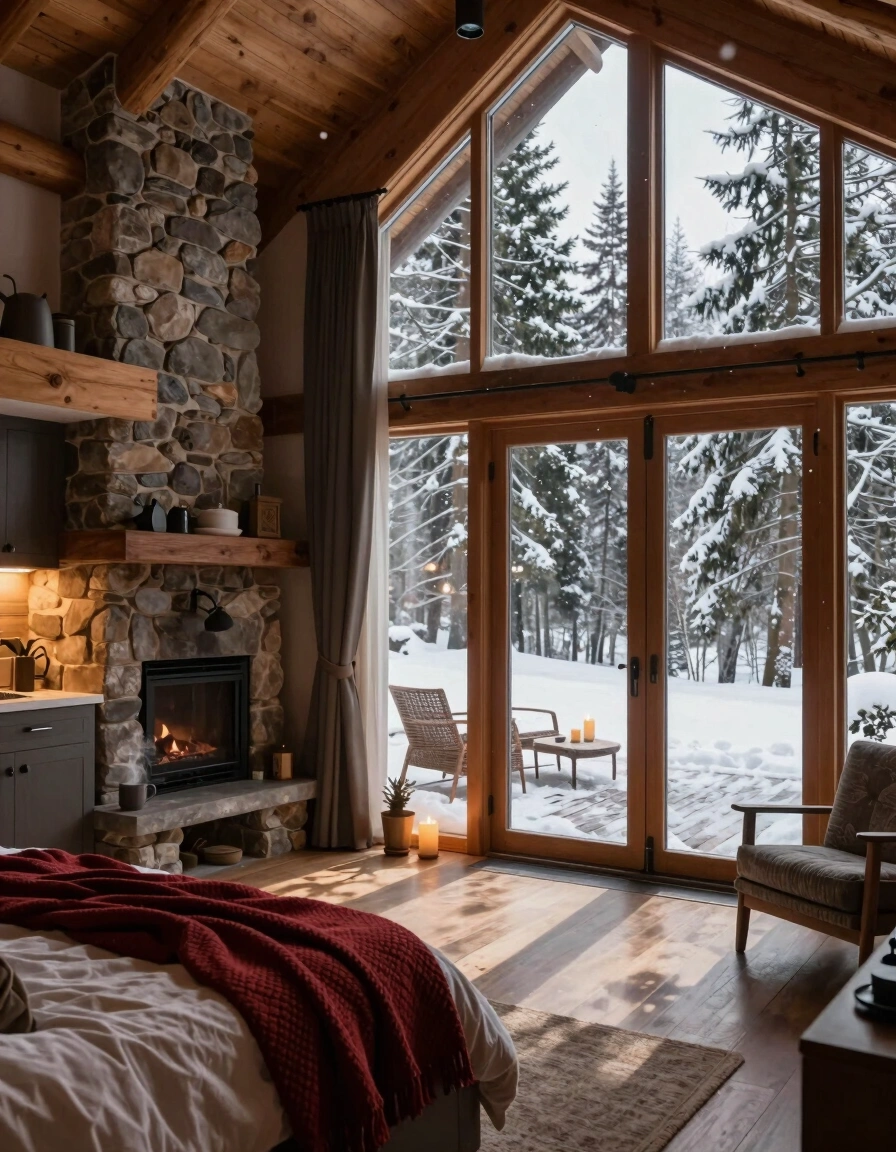 A cozy cabin with a stone fireplace and snow-covered deck, surrounded by tall evergreen trees.