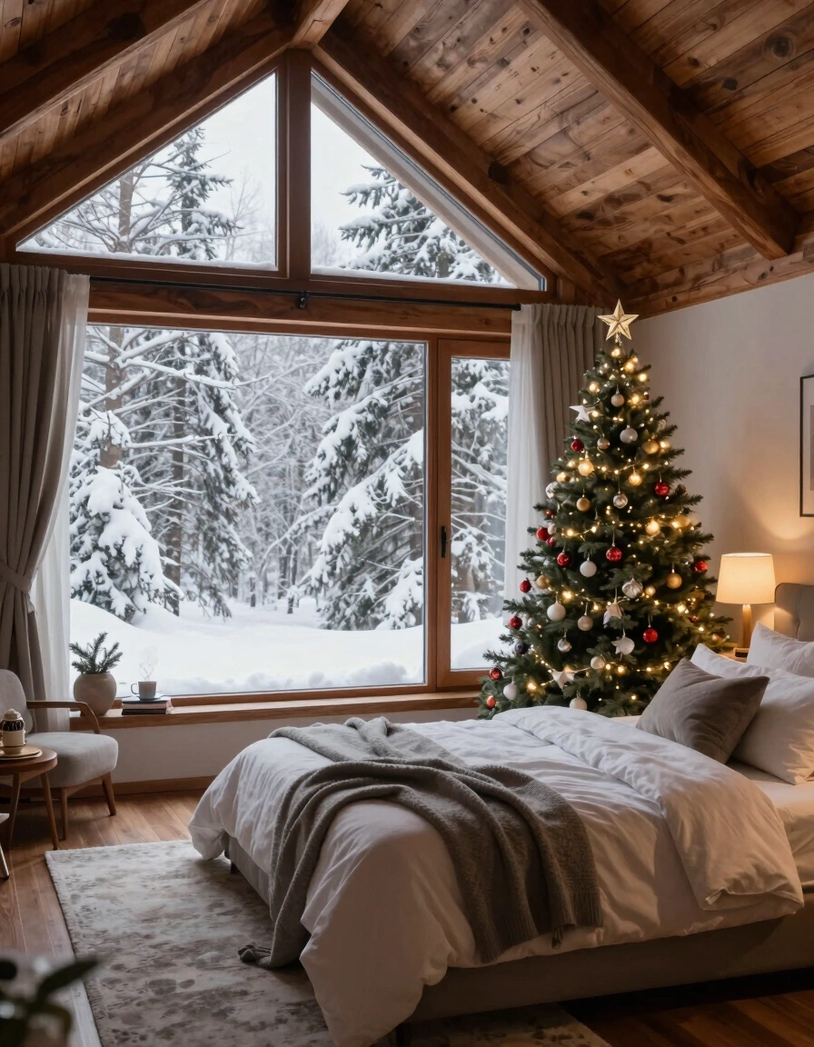 A cozy bedroom with a Christmas tree, a large window showing a snowy forest, and a bed with white linens and a gray throw blanket.