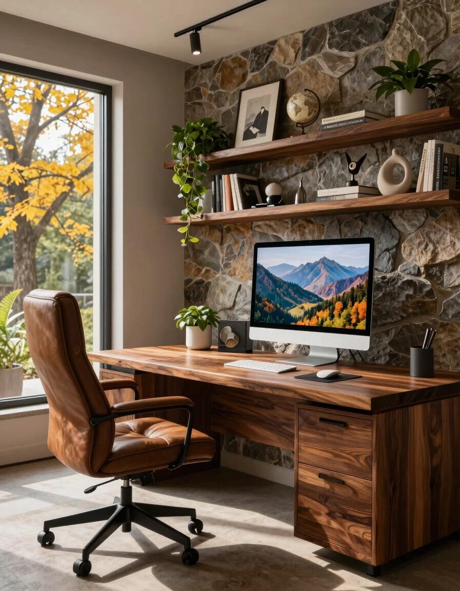 A modern home office with a wooden desk, brown leather chair, and a large monitor showing a mountain landscape, surrounded by decorative elements and natural light.