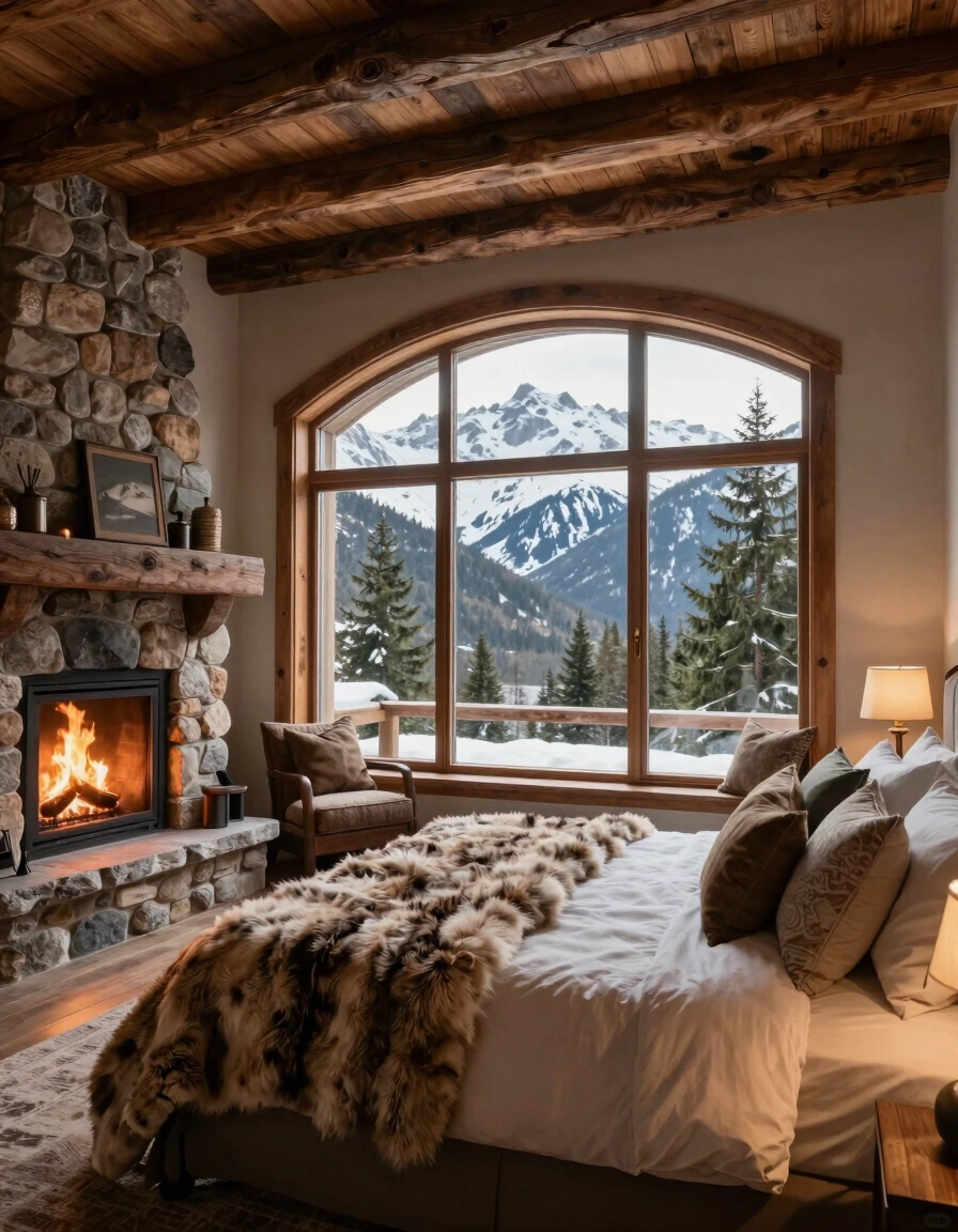 A cozy bedroom with a large arched window, stone fireplace, and plush bed, surrounded by snow-capped mountains and evergreen trees.