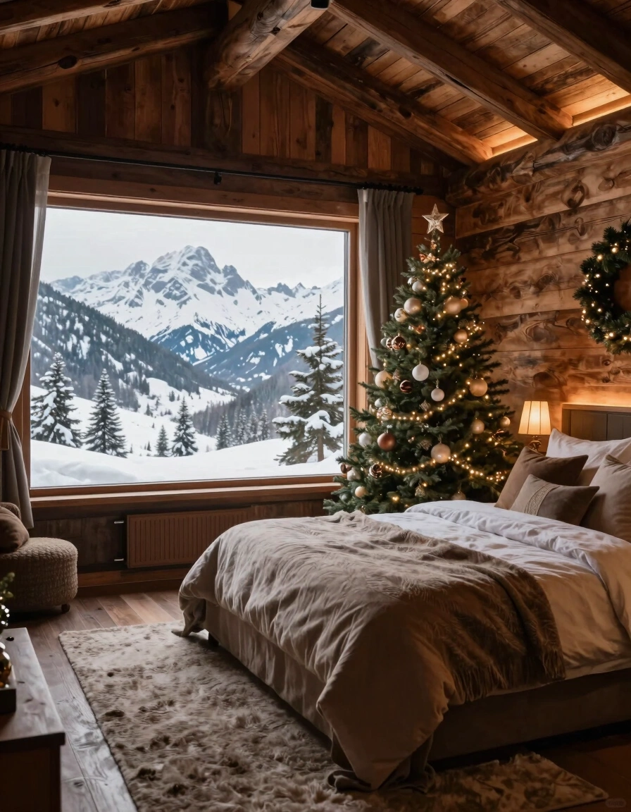 A cozy bedroom with a large window, Christmas tree, and wreath on a wooden wall, overlooking snowy mountains.