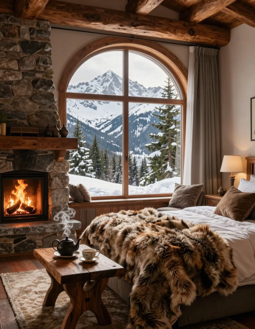 A cozy bedroom with a large arched window showing snow-covered mountains, a stone fireplace, and a comfortable bed with a fur blanket.