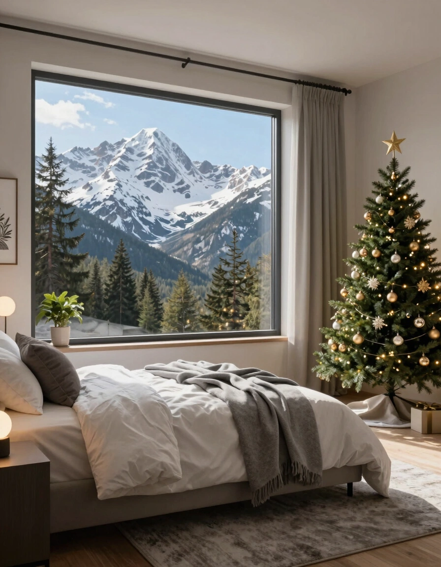 A peaceful bedroom with a large window offering a stunning view of snow-covered mountains and trees.
