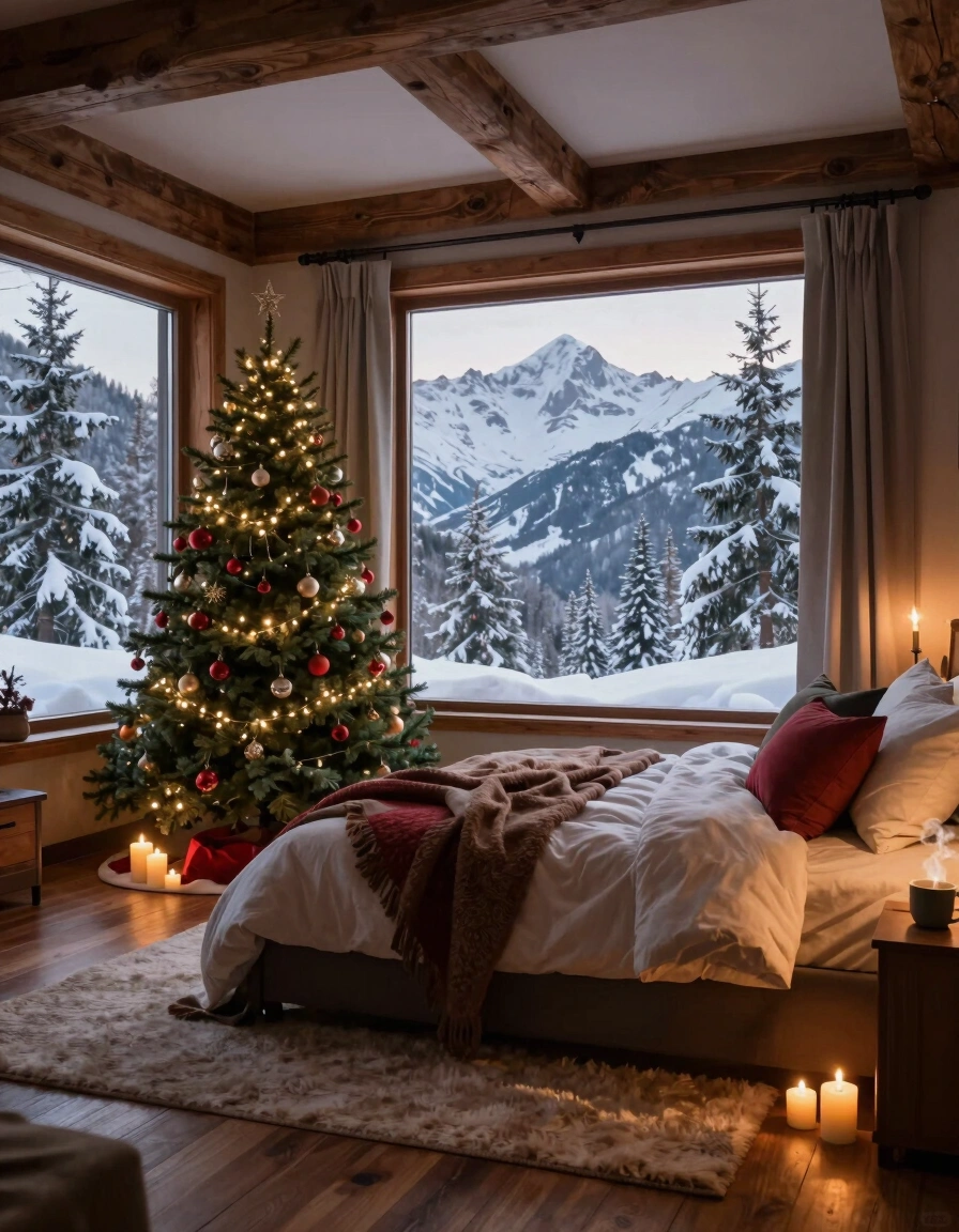 A cozy bedroom with a large window showing snow-covered mountains, a decorated Christmas tree, and a comfortable bed with soft lighting.