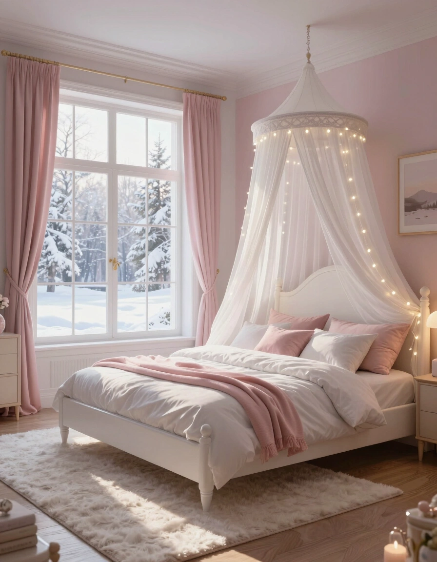 A tranquil bedroom scene with a white canopy bed, pink pillows, and a large window showing a snowy landscape.