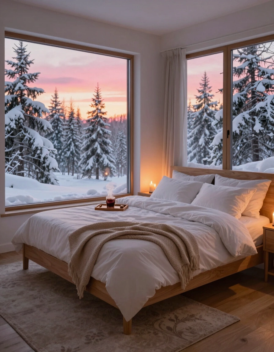 A serene winter bedroom with a large bed, snow-covered forest views, and warm ambient lighting.