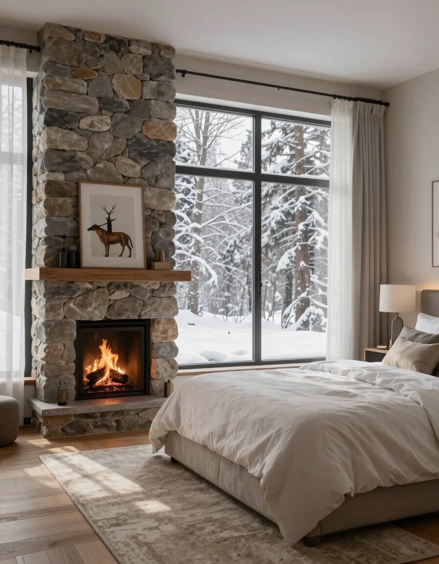 A peaceful bedroom with a stone fireplace, large window showing snowy trees, and a comfortable bed with white and beige bedding.