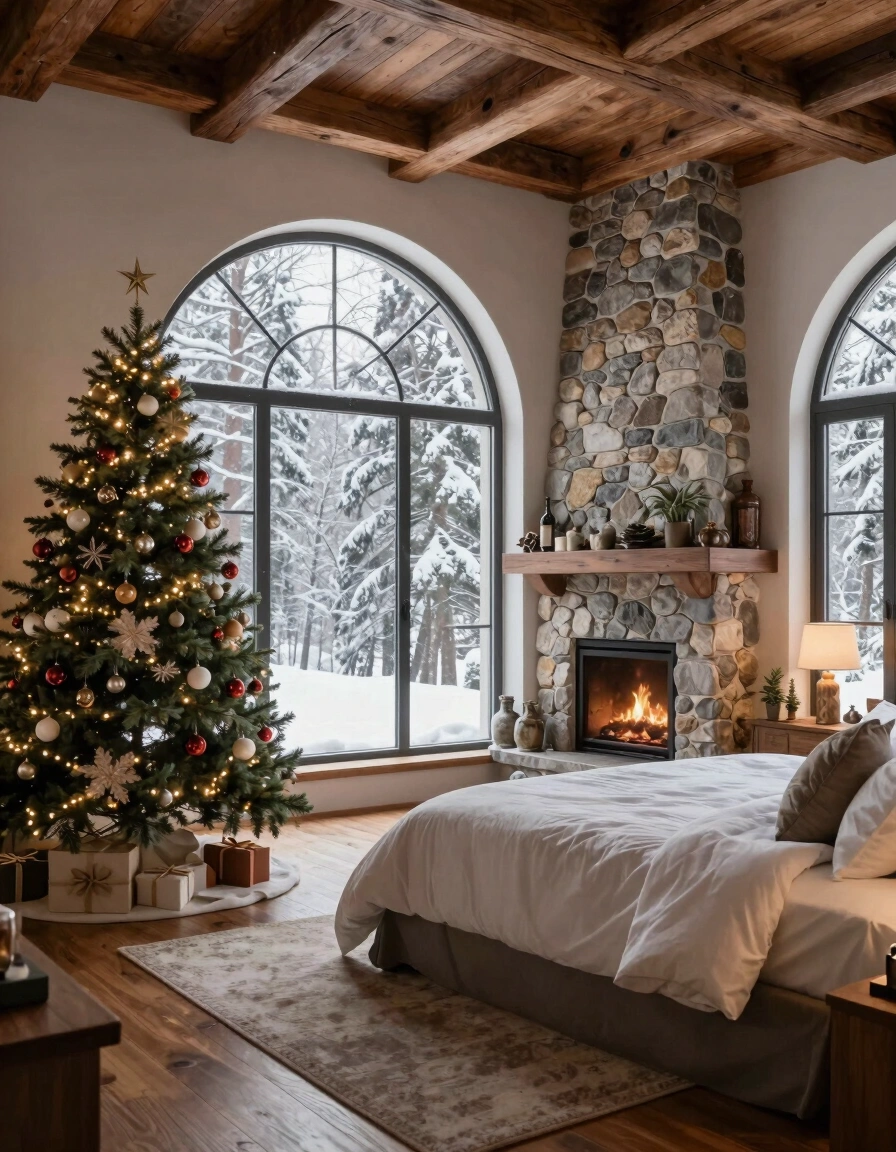 A peaceful bedroom scene with a fireplace, Christmas tree, and large window showing a snowy landscape.