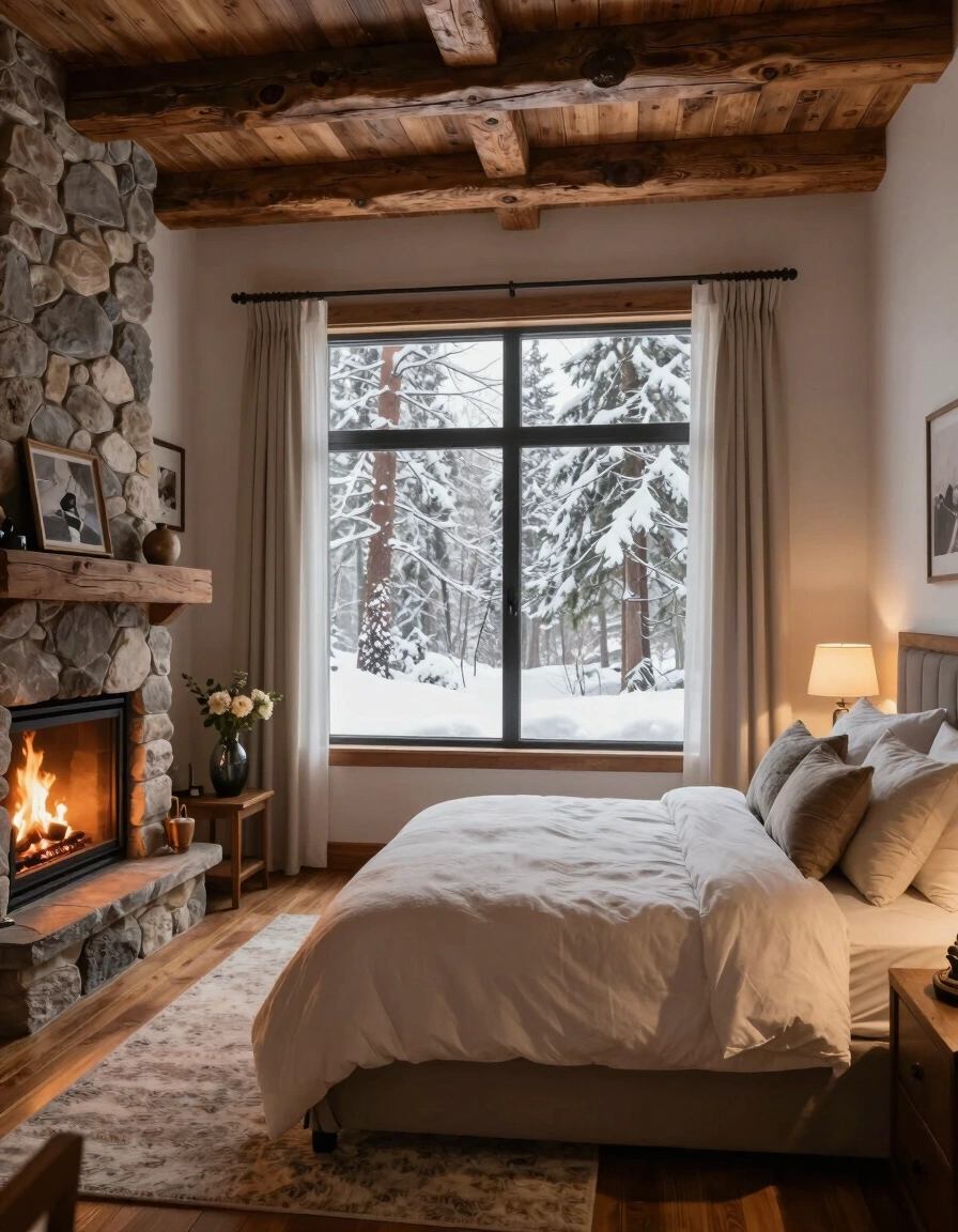 A cozy bedroom with a stone fireplace, wooden ceiling, and large window showing a snowy forest.