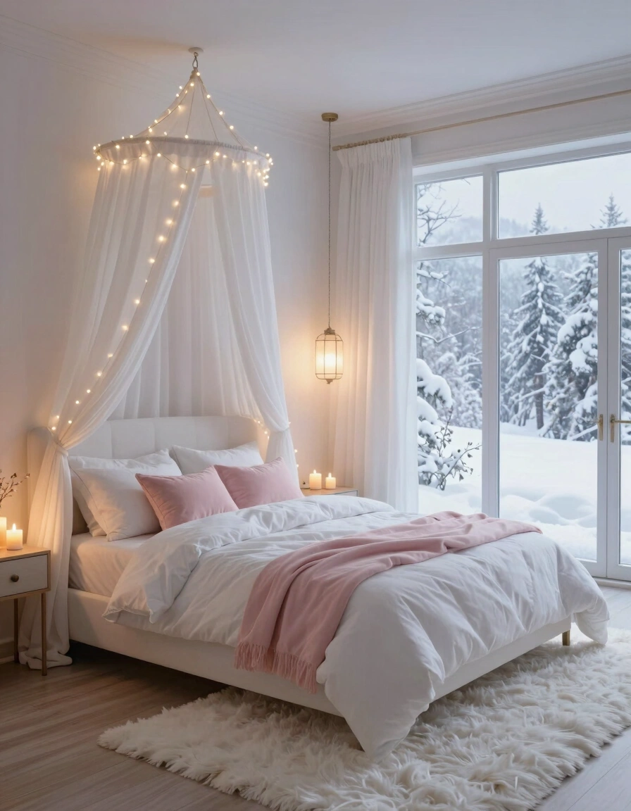 A cozy bedroom with a canopy bed, white curtains, and string lights, set against a snowy landscape visible through a large window.