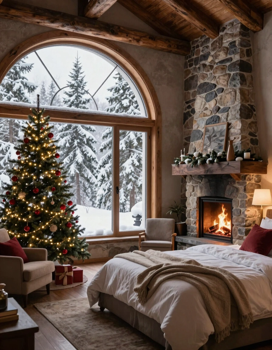 A cozy bedroom with a Christmas tree, fireplace, and large window overlooking snow-covered trees.