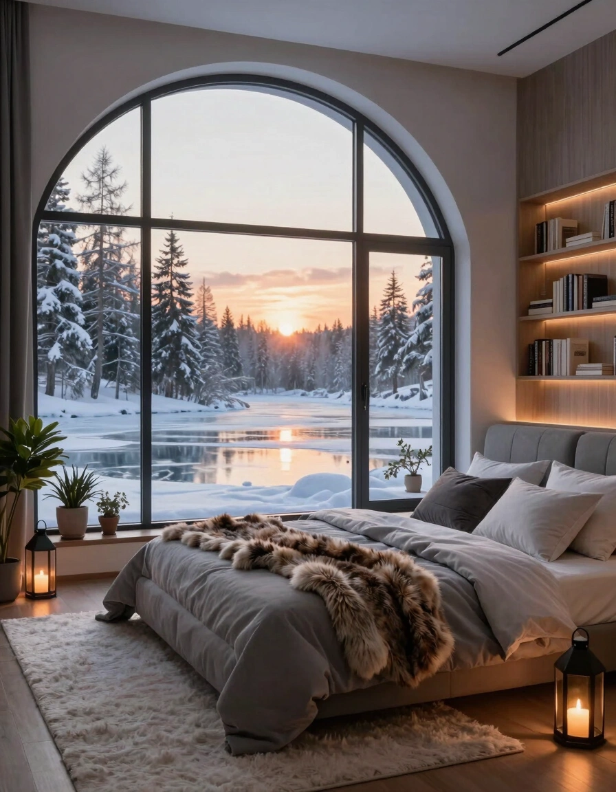 A peaceful bedroom with a large arched window showing a snowy forest and lake at sunset, with a cozy gray bed and warm lighting.