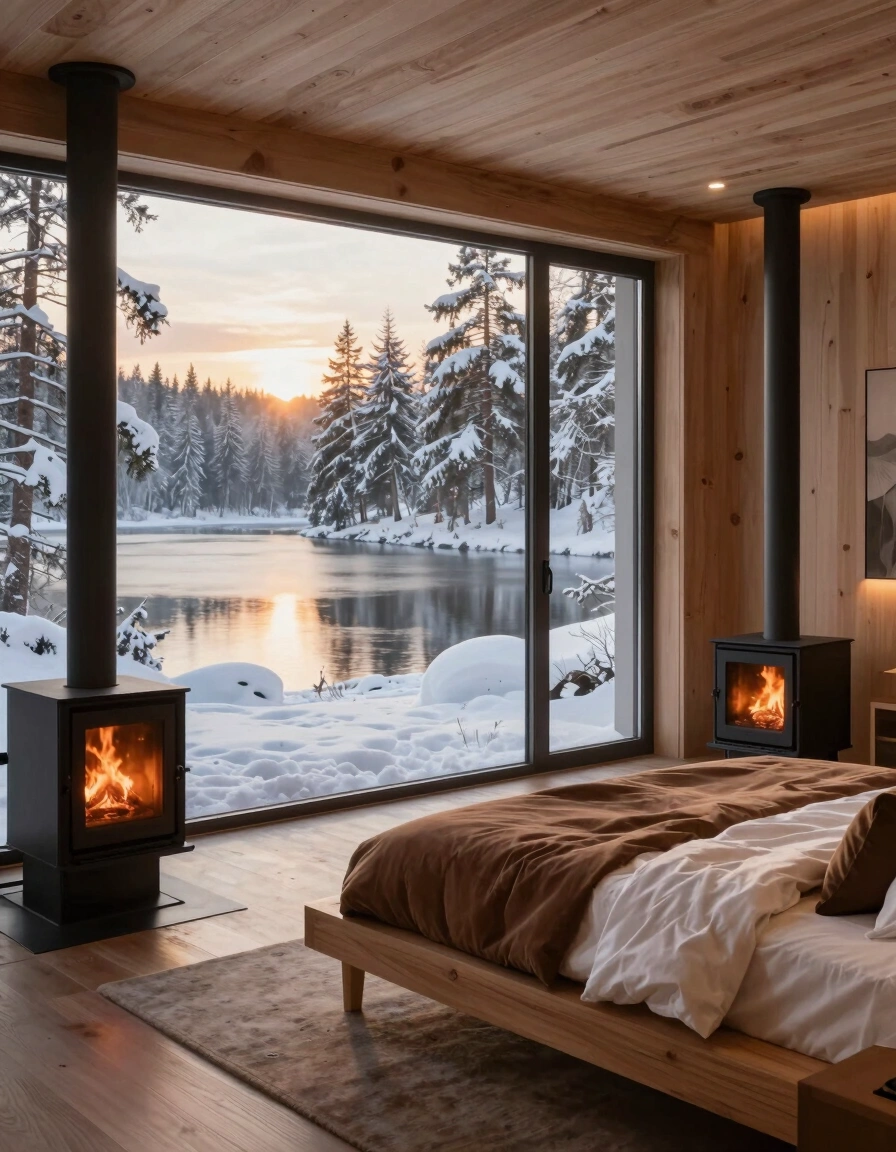 A peaceful bedroom with a large window showing a snowy forest and lake, featuring two wood-burning stoves and a wooden bed frame.